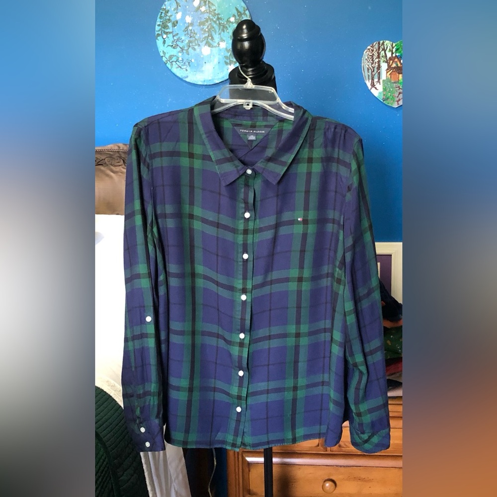 Tommy Hilfiger Blackwatch Plaid Navy &Green Button Down Shirt Sz. XXL